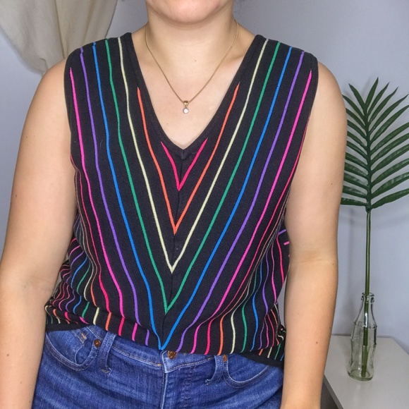 Vintage Tops - 80s Vintage Black Rainbow Stripe Sweater Tank Top